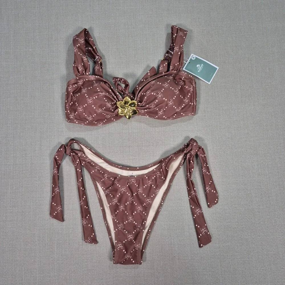 Eomenie Brown Butterfly Print High Waisted Bikini Set Gold Flower Small NWT